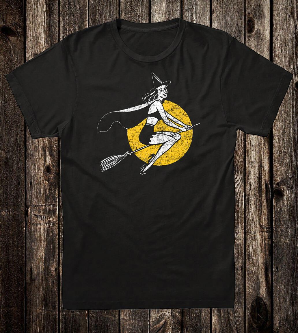 Retro Halloween Tee T Shirt Vtg Art Goth Witch Broomstick Pin Up Girl 40s 50s XXXXL