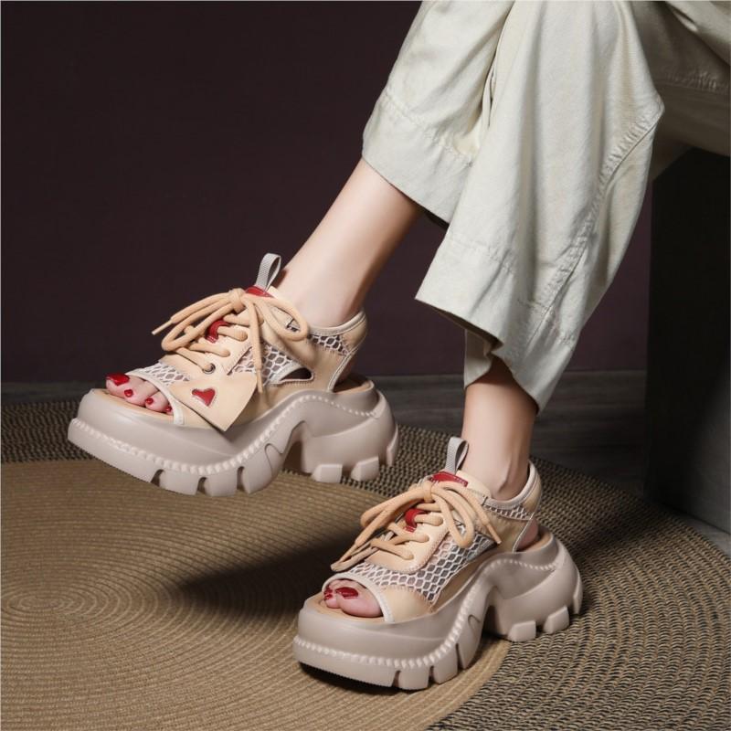 Johnature Fashion Hollowed Out Sandals Genuine Leather Thick Soled Lace Up Breathable Women's Platform Shoes