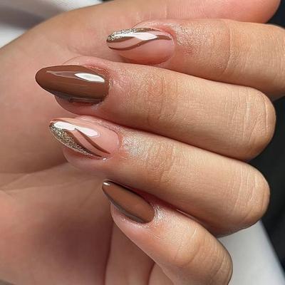 MultiStyle Coffee Brown Fake Nail Featuring Abstract Line Patterns Easy Application Reusable Artificial Nail 24pcs