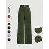 Women Corduroy High Waist Wide Leg Pants Solid Color Front Pocket Casual Loose Fit Trousers
