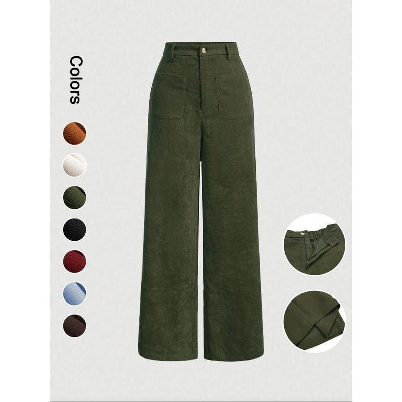Women Corduroy High Waist Wide Leg Pants Solid Color Front Pocket Casual Loose Fit Trousers
