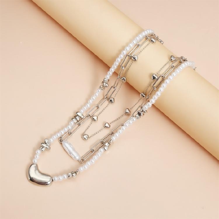 Unique Asymmetrical Heart Designs Faux Pearls Accent Necklace Alloy Material Lightweight Jewelry Gift For Her