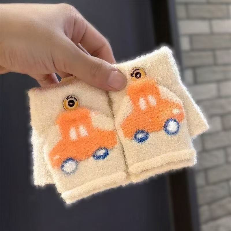 2025 New Children's Gloves Autumn and Winter Flip Baby Cute Cartoon Car Finger Gloves Students Cold