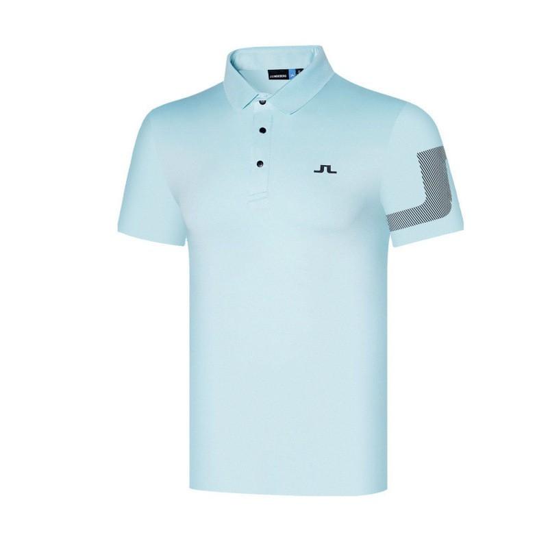 Mens Golf Polo Shirt Short Sleeve Quick Dry Breathable Sport T-Shirt White Blue Stripe