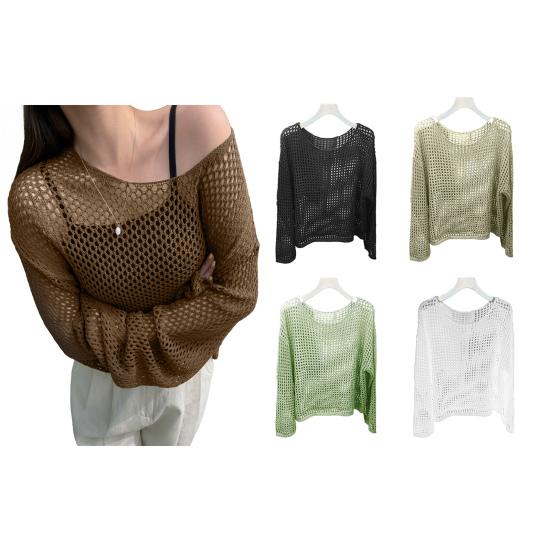 Sunscreen Cover Up Round Neck Long Sleeve Solid Color Knitting Tops Loose Fit Hollow Knitted Design Casual Tops