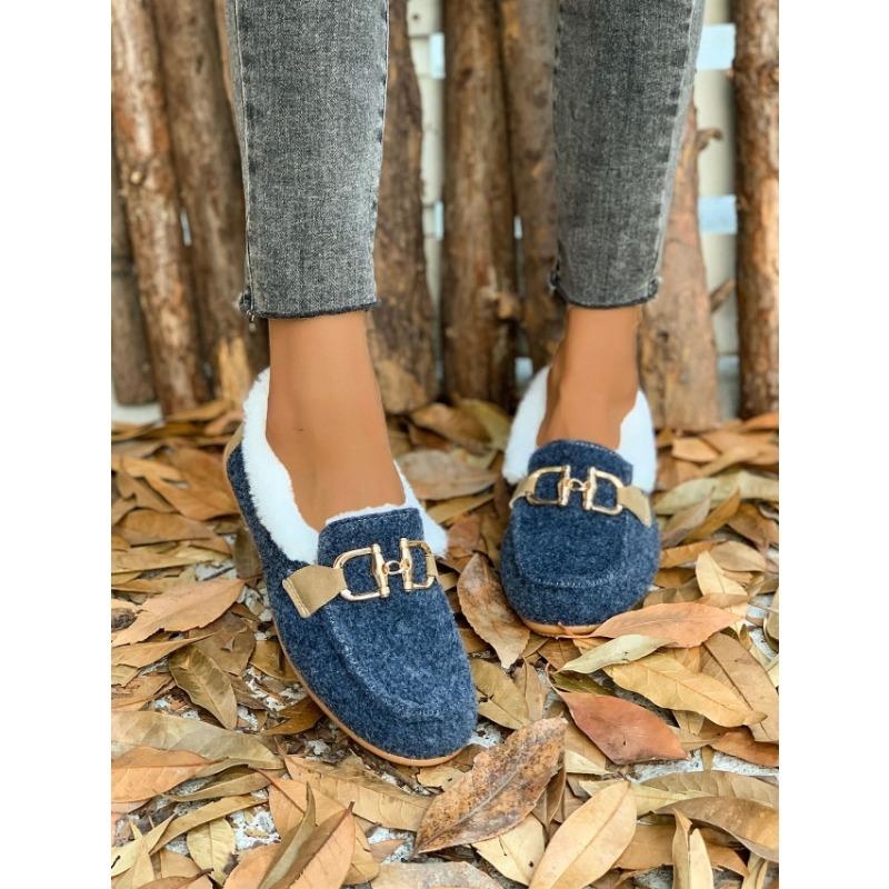 Autumn and Winter Plus Fluffy Metal Decoration One Pedal Warm Doudou Cotton Shoes Large Size Women's Shoes