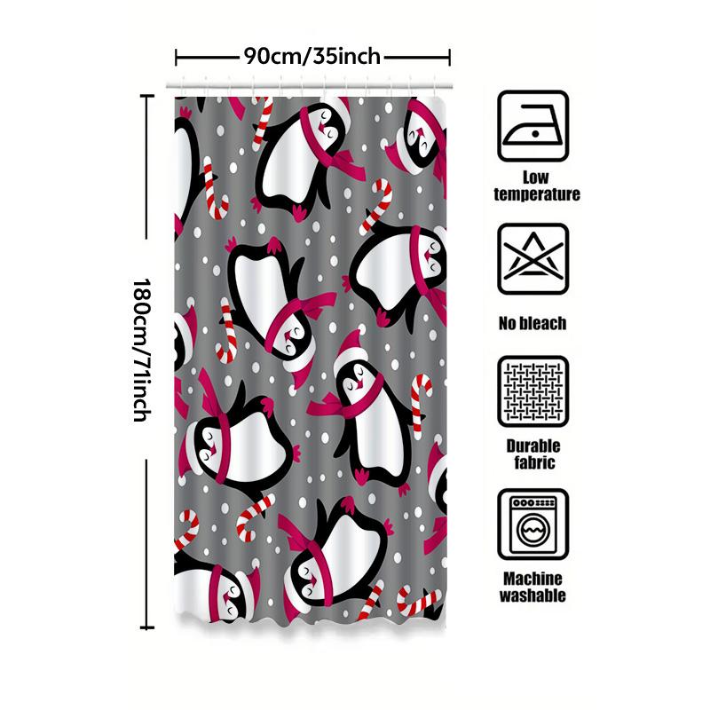 Tu Penguin Shower Curtain Cute Winter Holiday Decor Festive Bathroom Set Waterproof Fabric Art