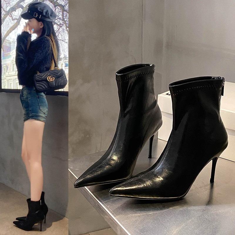 Wind pointed high heel patent leather glossy belt buckle high tube but knee boots knight boots women's Martin boots