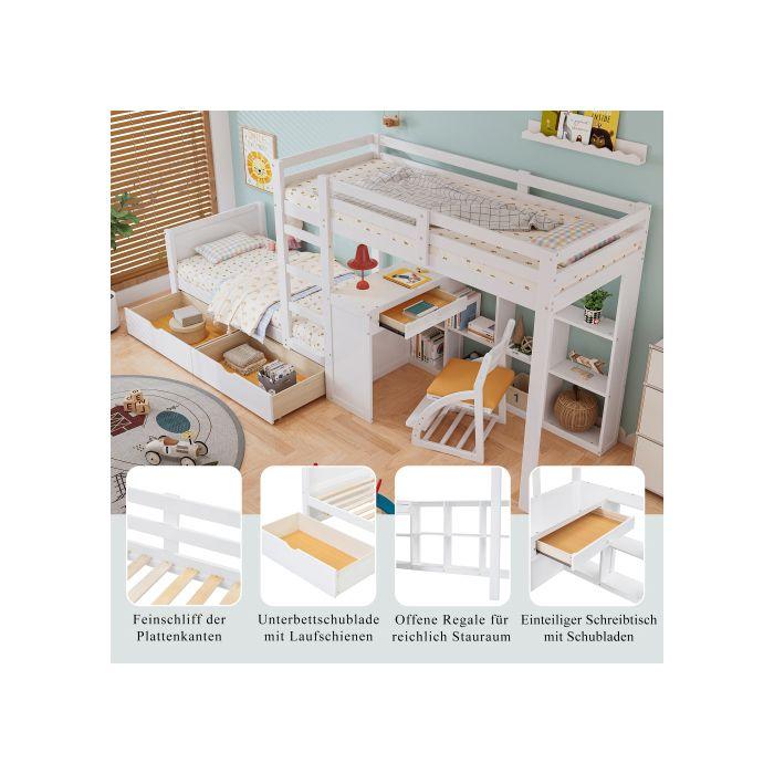 Lit Superposé - MUVOE - 90x200cm - Blanc - Bureau Intégré - 2 Tiroirs De Rangement