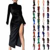 Women's Fashion Colour High Neck Long Velvet Slim Fit Crinkled Split Dress