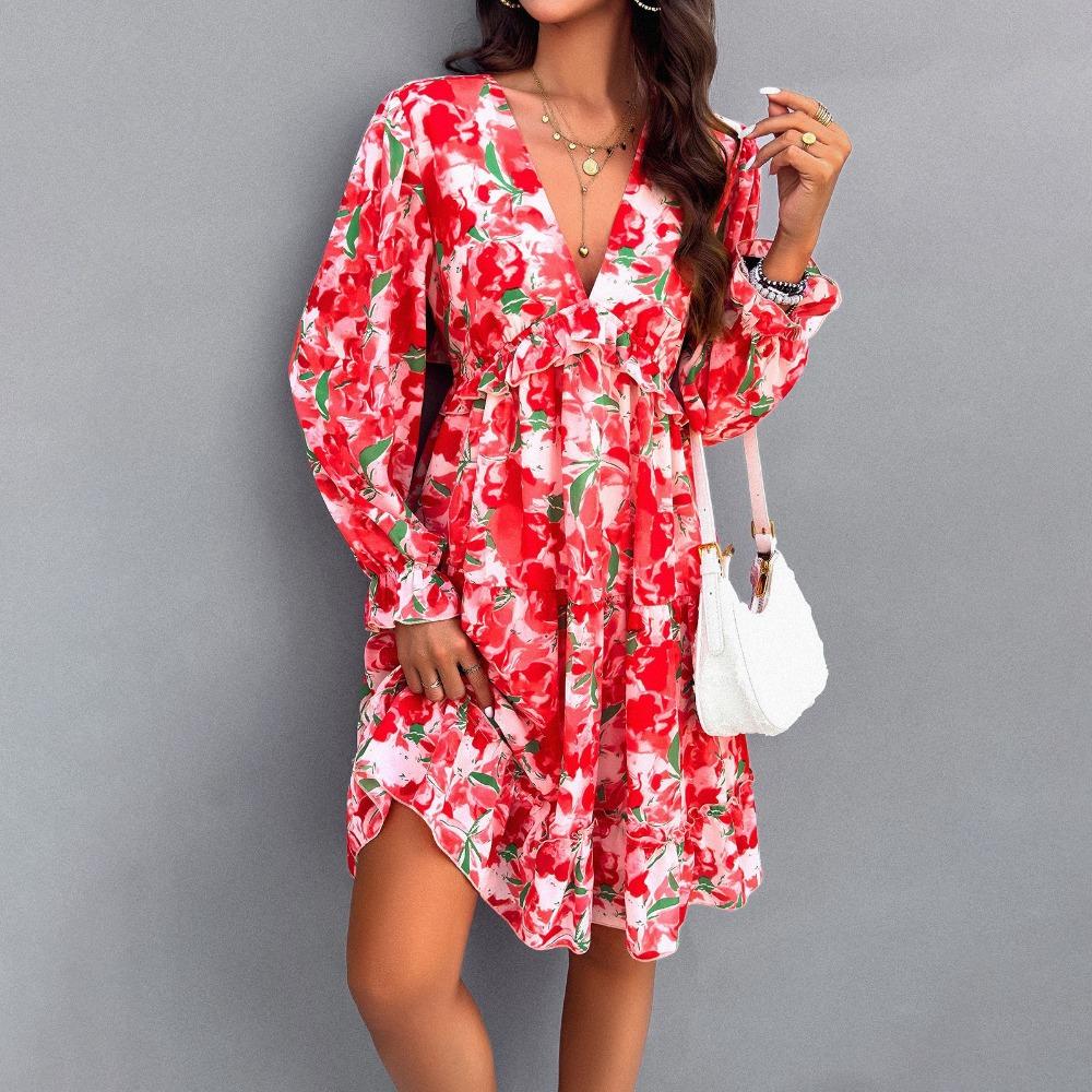 Spring and Summer Elegant Printed V-neck Long-sleeved Dress