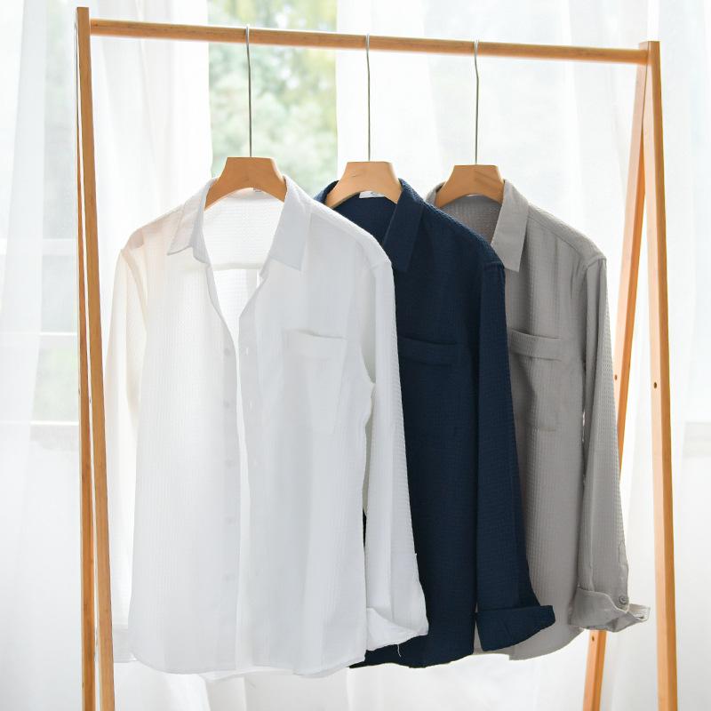 Spring and Summer Solid Color Long Sleeve Men Shirt Pocket Casual Shirt Turn-down Collar Waffle Textured Shirt Simple Style Men Clothing