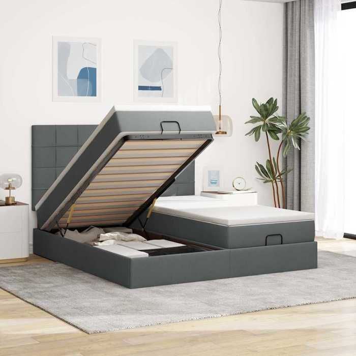 VidaXL Ottoman Bed Frame with Mattress Dark Grey 200x200cm Fabric, Bed Frame, Upholstered Bed Frame, Bed Frame 3314549