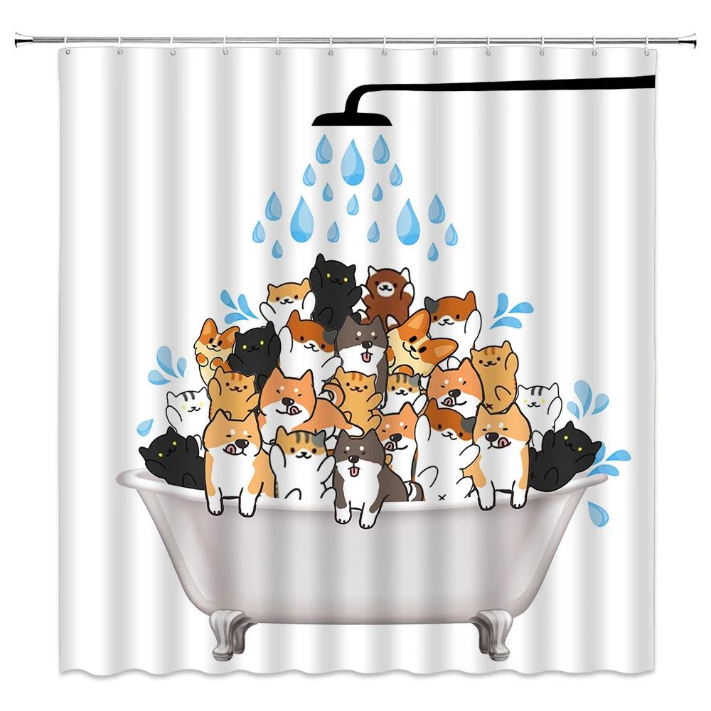 Animal Shower Curtain, Cartoon Cat Dog Bathtub Shower Cute Kids Boys Girls Bathroom Decorative Shower Curtains