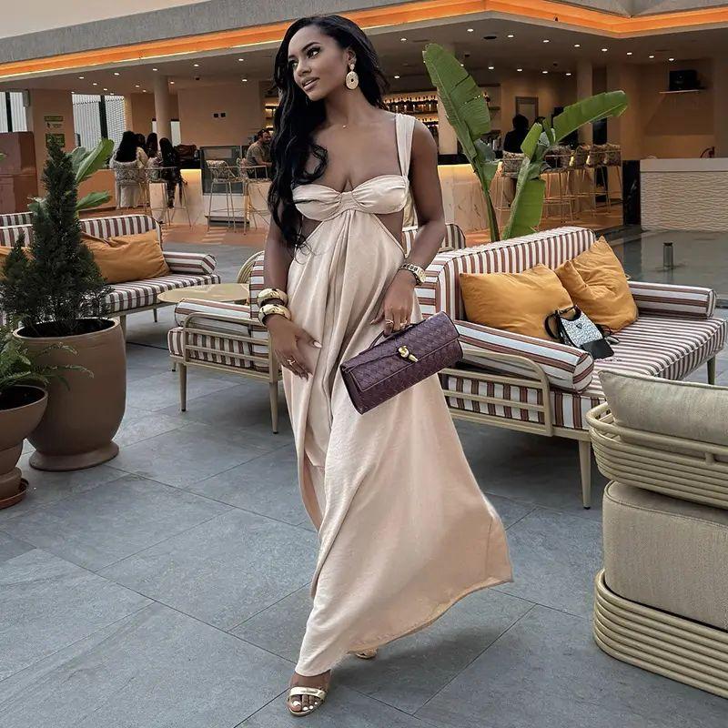 

European and American Women clothes 2025 Spring New Fashion Sexy Bustier Backless Long dress Dress Apricot color XXL