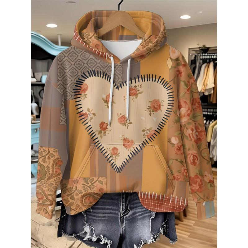 Womens Oversized Hooded Long Sleeve Sweatshirt With Floral Plaid Print Comfortable Breathable Casual Top