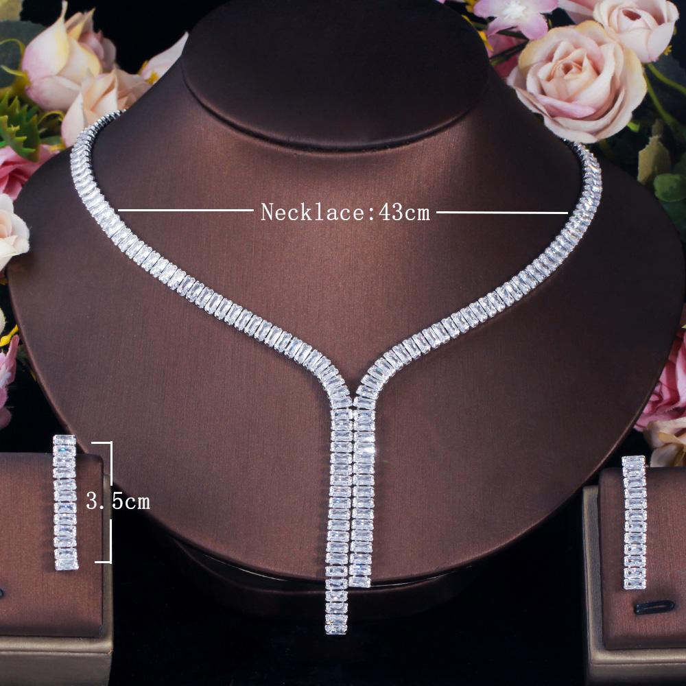 CMM Shiny Cubic Zirconia Elegant Long Dangling Drop Tassel Wedding Costume Necklace Brides Jewelry Sets for Women