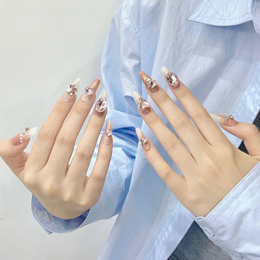 RUČNĚ VYROBENÉ Umělé nehty Srdce Růžový Diamantový Gradient Blush Dlouhé Lichoběžníkové Nehty Fototerapie Falešné Nehty Opakovaně Použitelné A Odnímatelné Nehty