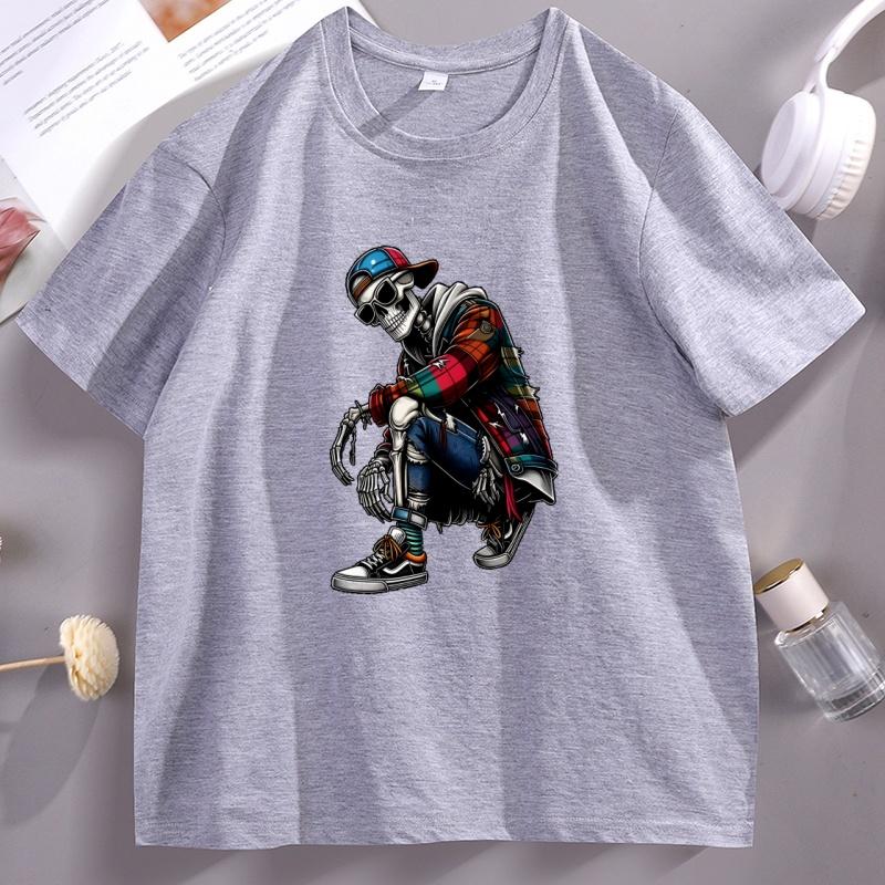 Unisexs Cotton Short Sleeve Skull Graphic Tee Casual Round Neck Short Sleeve Tshirt Cotton Printed Streetwear Male Clothing Tops