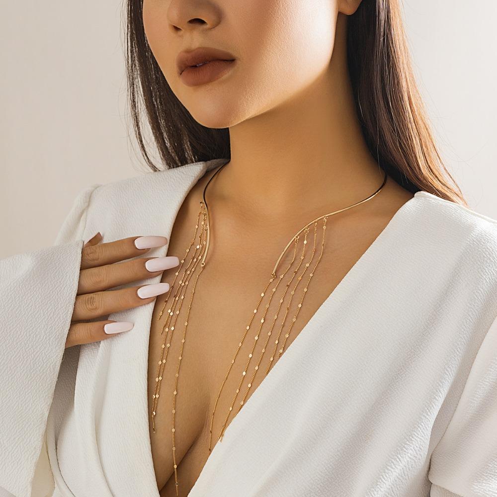 Chest Chain Long Tassel Star Necklace Goth Open Torques Choker Crystal Sequin Pendant  for Women