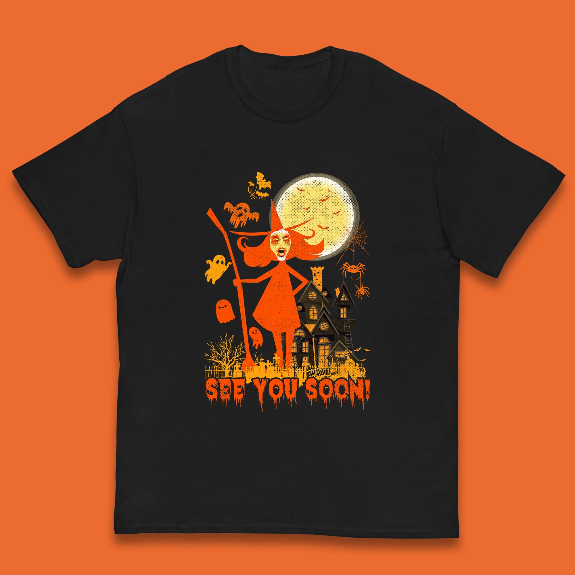 See You Soon Halloween Witch With Broom Horror Scary Haunted House Kids T Shirt 150