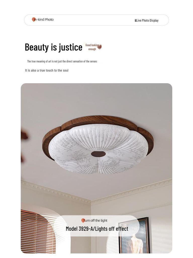 Chinese Style Walnut Wood Grain Ceiling Light for Study or Master Bedroom, Retro Wabi-Sabi Design, Eye Protection