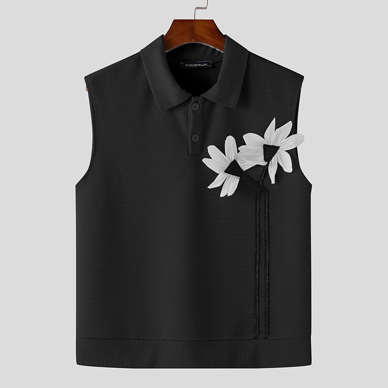 

INCERUN Men Summer Lapel Sleeveless 3D Flowers Striped Texture Casual Loose Tank Tops 4XL