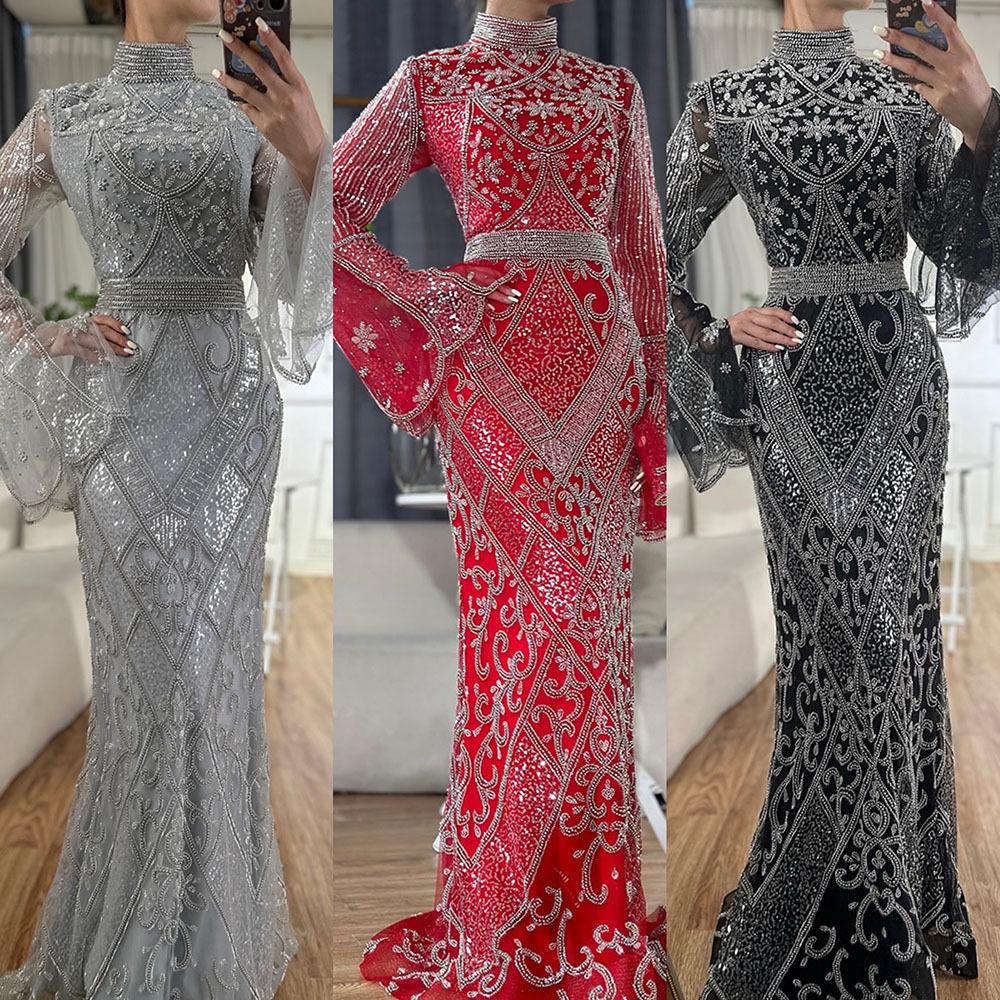 Red turtleneck fishtail evening dress, high-end elegant host wedding banquet dress LA11111C