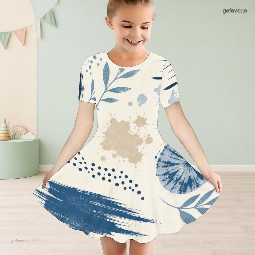 Girls Round Neck Short Sleeve Abstract Printed Blue Beige White A Line Flared Dress