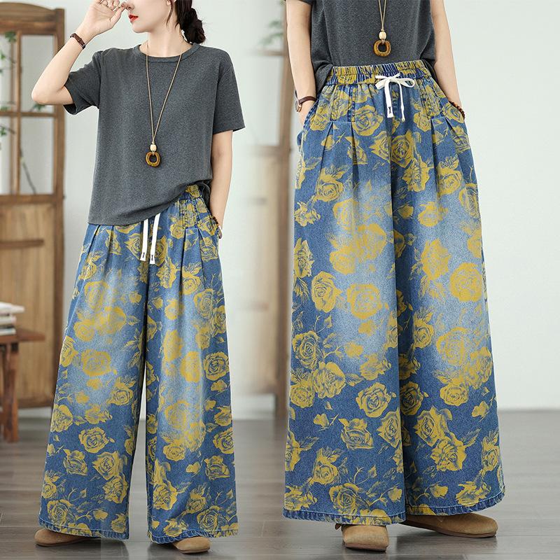 Vintage Style Flowers Denim Pants Female High Waist Loose Casual Straight Pants Summer Casual Streetwear Jean Pants