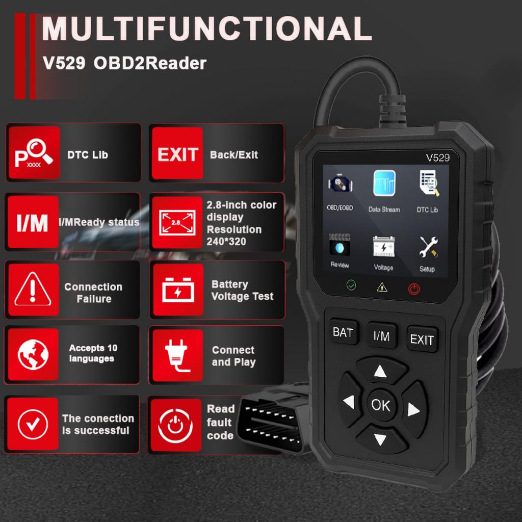 2025 New Car OBD2 Scanner Diagnostic Tool Code Reader Full OBDII Diagnostic FOXSUR V529 Battery Voltage Test Real time Data