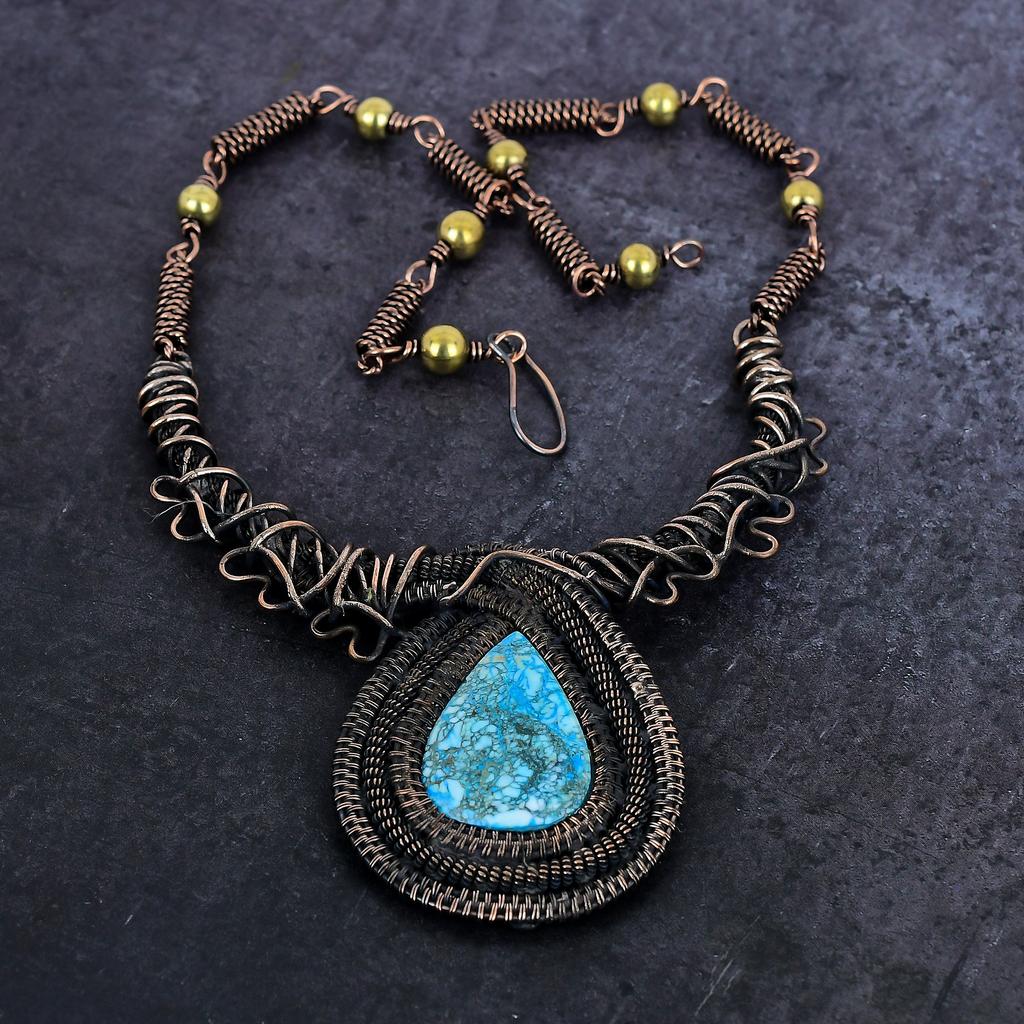 Tibetan Turquoise Gemstone Handmade Copper Wire Wrap Jewelry Necklace 18" i5q81