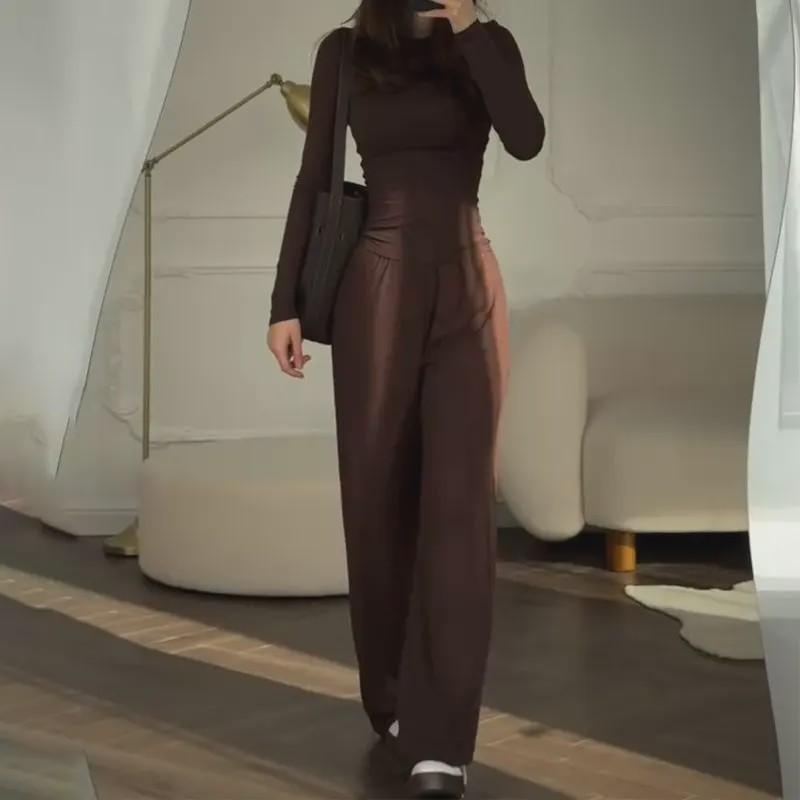 Women's Fashionable round Neck Long Sleeve Elastic Waist Pants Set Casual Style Two-Piece Suit Autumn Collection Trendy Outfit