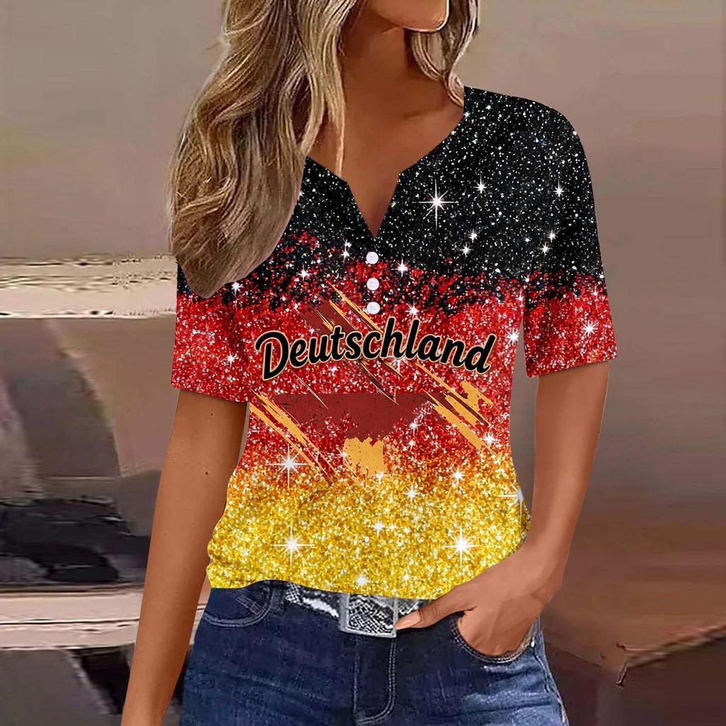 Women's V Neck Short Sleeve Button T Shirt Soccer Print Fan Top World Cup Supporter Apparel Casual Fit Lightweight Fabric