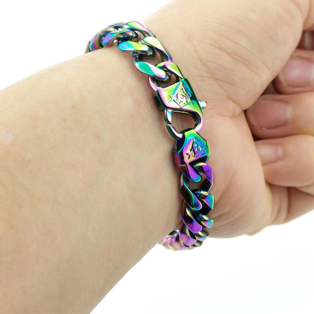 Irisierendes Armband Freimaurerei Freimaurer Mason Mann Frau 11 mm Breite Edelstahl Solide Kette