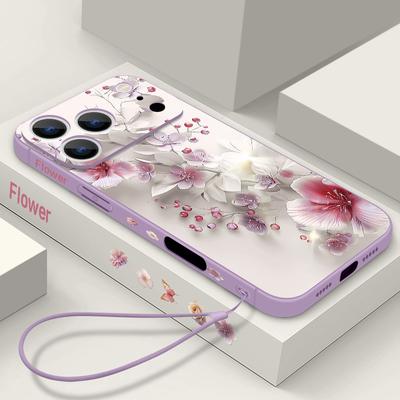 Pink White Flower Pattern Lanyard Case For iPhone 17 Pro Max Soft Silicone Cover For iPhone 16 Pro Max Funda iPhone 15 14 13 12 11 16E Air
