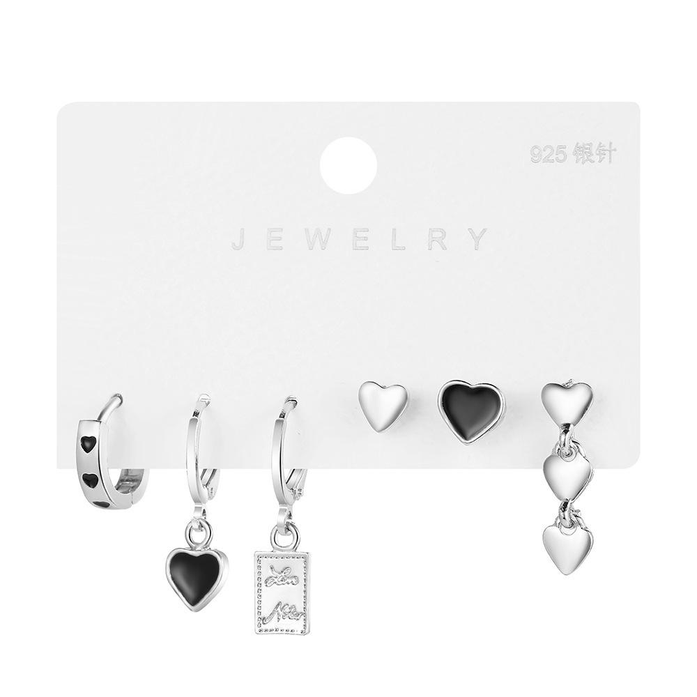 6PCS Black Heart Earrings Set for Women Simple Temperament Ladies Hoop Earrings Holiday Jewelry Gifts
