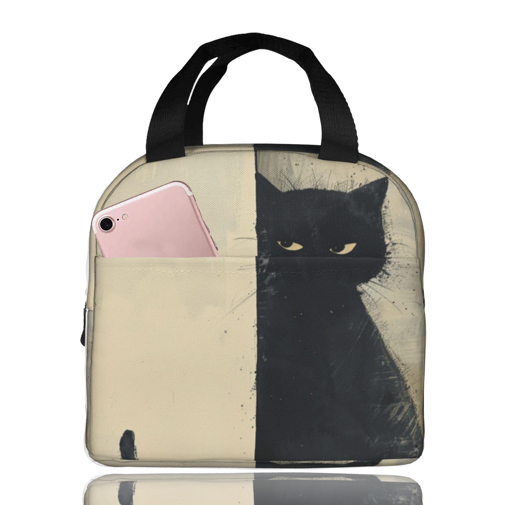 

Insulated lunch bag with black watercolor cat design, perfect for commuting, school, picnics, and more. Large capacity and easy to carry. Perfect for