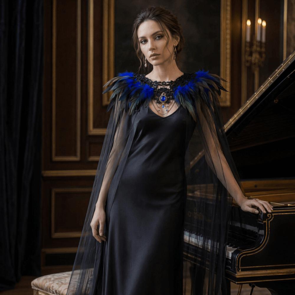 Black Halloween Feather Cloak Elegant Festival Costume Cape Hollow Lace Mesh Cape  Dance Cloaks