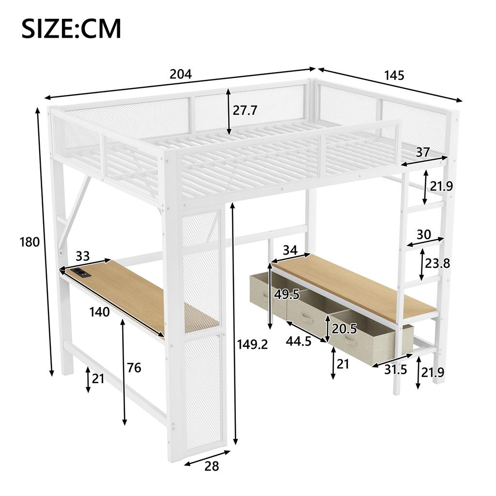 140 x 200 cm Metal Play Loft Bed with USB, LED, Desk, Open Wardrobe and 3 Laundry Drawers, White