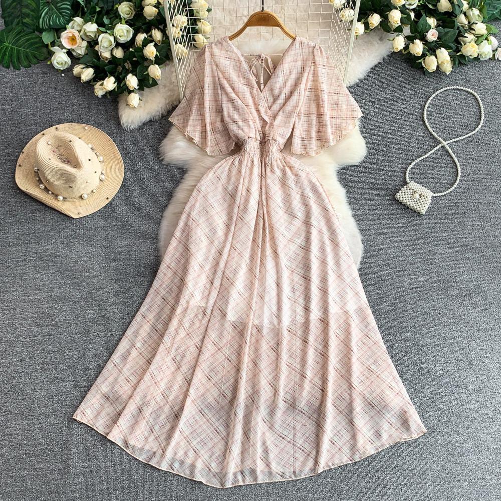 Women's V Neck Floral Chiffon Maxi Dress High Waist A-Line Casual Dress for Summer Vacation