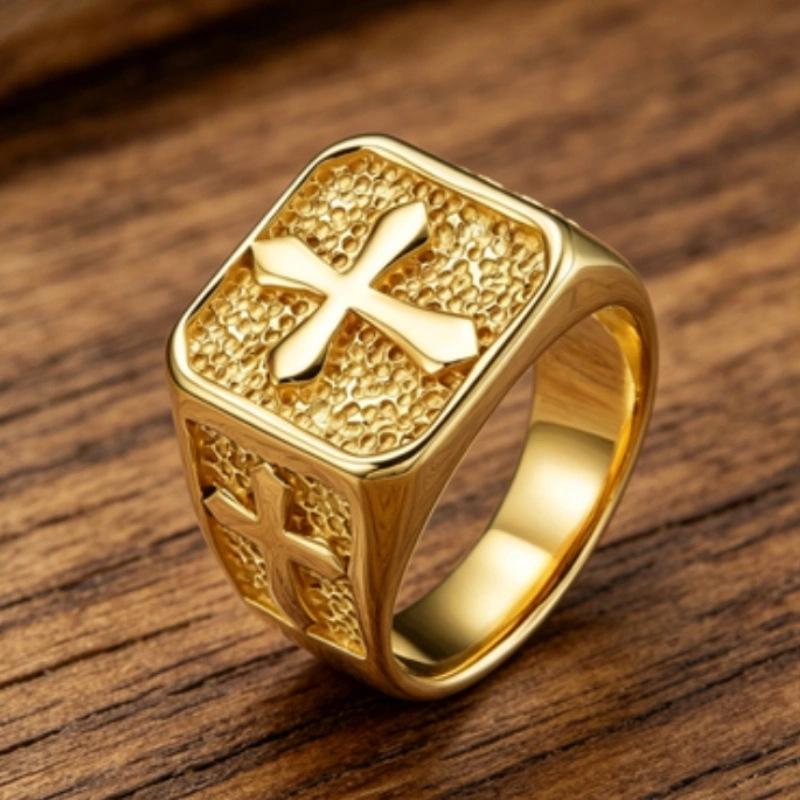 TEMU Copper Men's Trendy Stone Texture Cross Ring