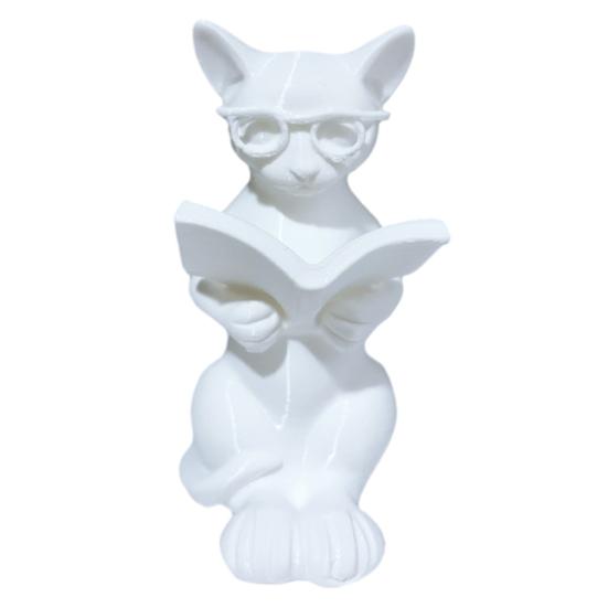 3D Printed Reading Cat Statue, Holding Book Glasses Cat Figurine, Modern Decorative Animal Sculpture for Home Office Decor белый