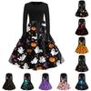 Women's Long Sleeve Halloween Print Dress Round Neck Casual Midi Dress with Belted Waist and Flared Skirt Suitable for Daily Wear