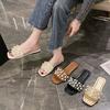 Large size pearl flat bottom sandals women's summer new square head casual wear one-word slippers
