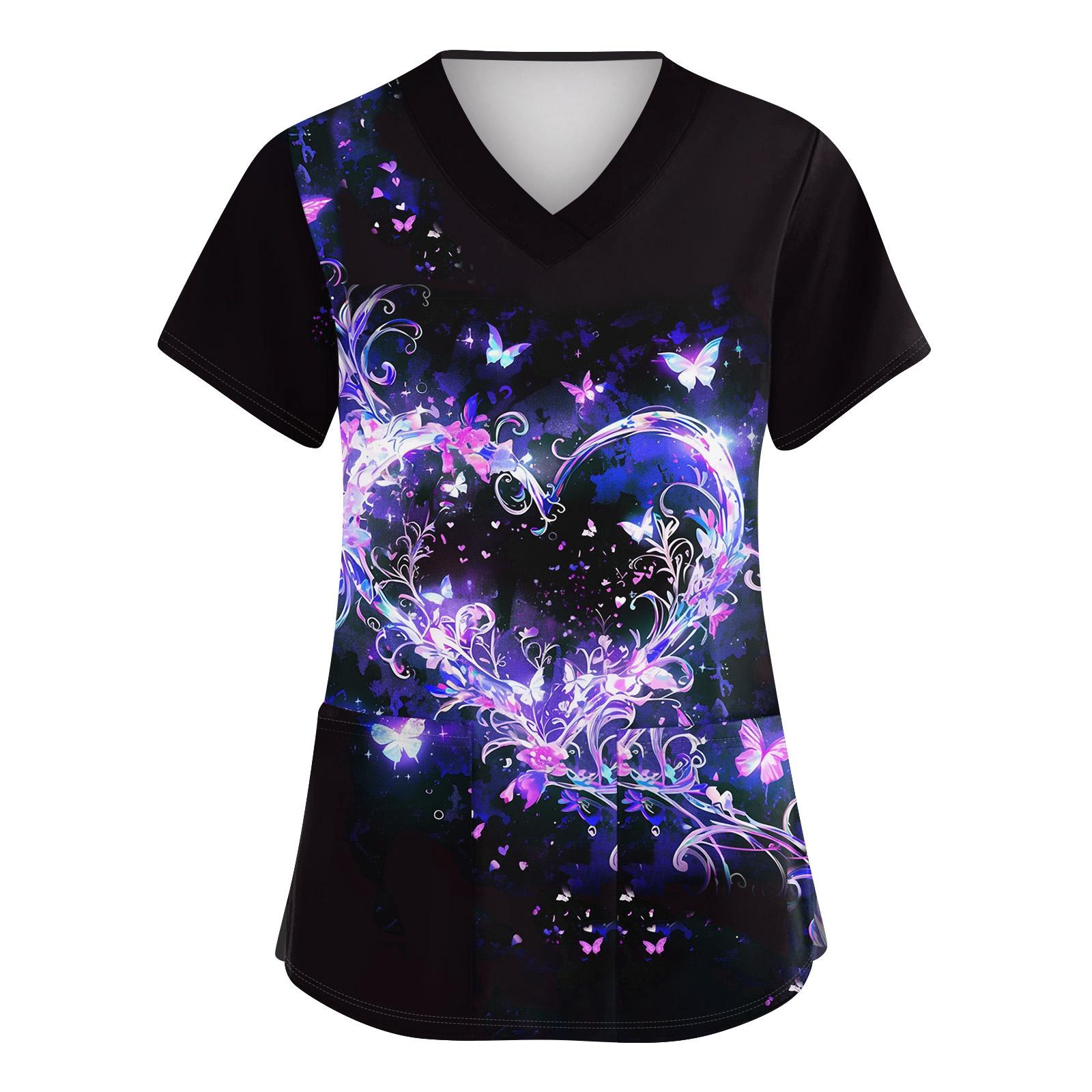 

Women s Cute Bow Printed Work Clothes V-neck Double Layer Pockets Basic Short Sleeve Top Pullover S