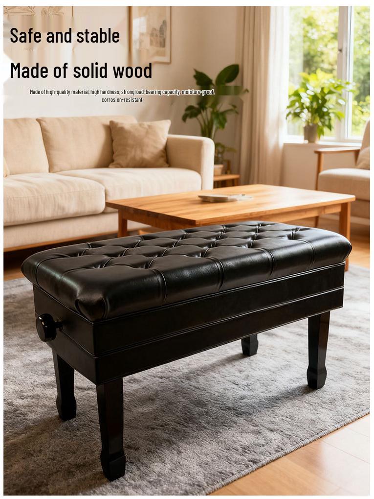 Adjustable Height Solid Wood Piano Stool with Lacquer Finish and Built-in Bookcase.