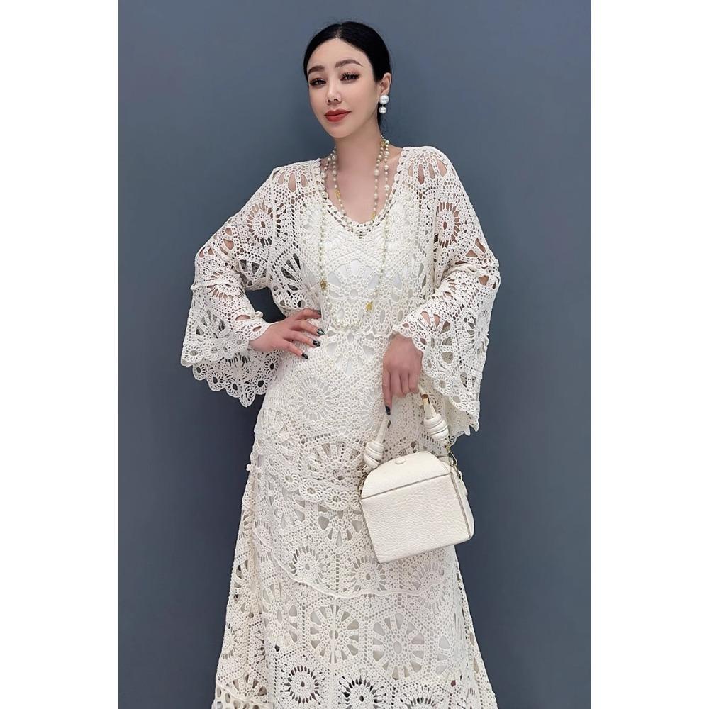 DIMANAF 2025 Neue Rock Anzug Frauen Strand Kurzarm Spitze Stricken Aushöhlen Sexy Oansatz Hohl Sommer Stil Tops Tees Lose grundlegende