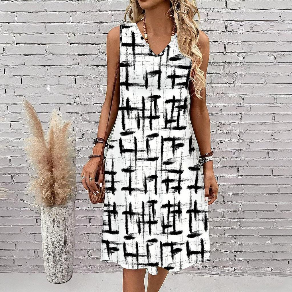 Plus Size V Neck Sleeveless Dress Misty Mountain Bamboo Ink Print For Scenic Area Travel