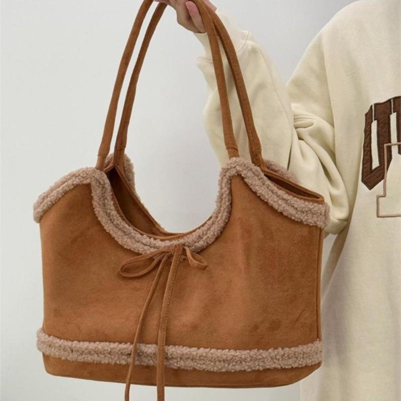 Retro Faux Lambswool Bow Tote Bag Women Autumn Winter New Large Capacity Shoulder Bag Ladies Sweet Cute Solid Color Underarm Bag